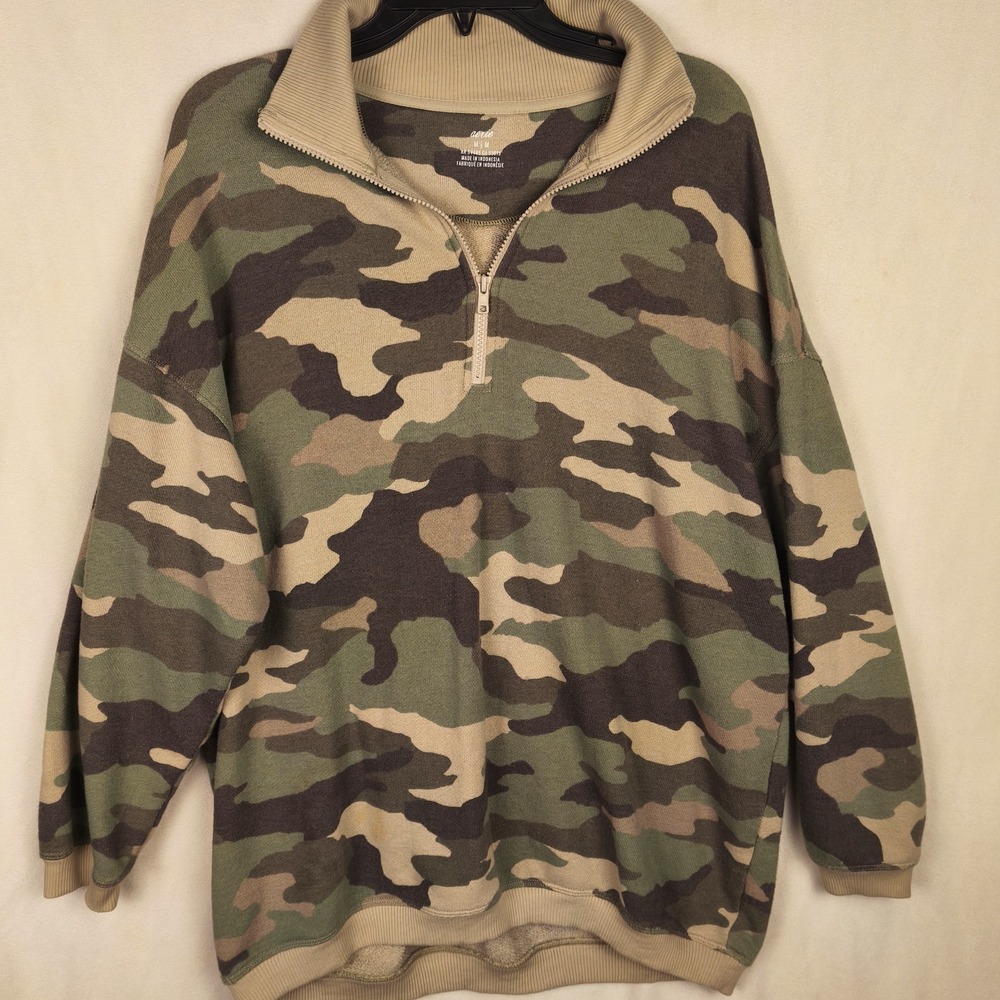 Aerie‎ Camo Quarter Zip Pullover Sweatshirt Womens M Green Brown Oversized Cozy